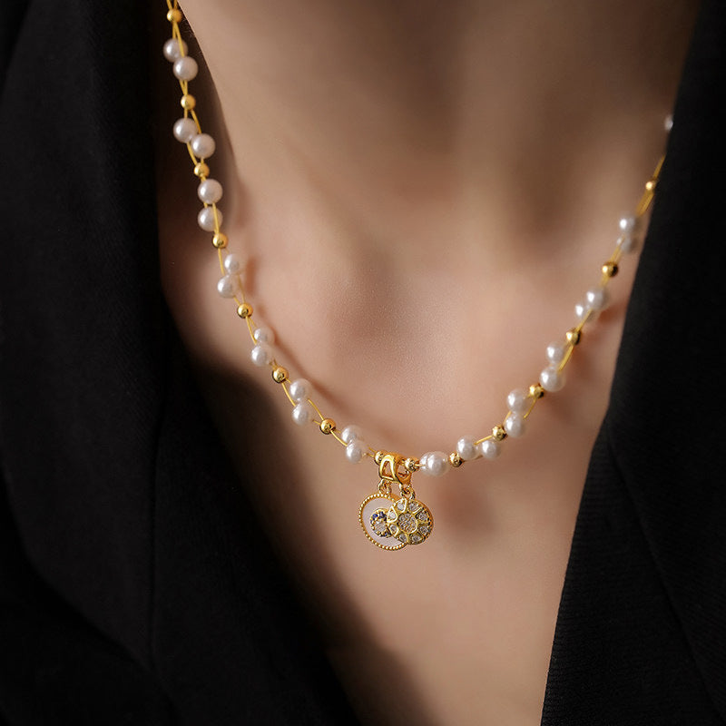 Collar de Perlas con Forma de Estrella y Circonitas, Chapado en Oro de Lujo para Mujer, Elegante Cadena de Clavícula con Colgante de Aleación y Diseño Geométrico