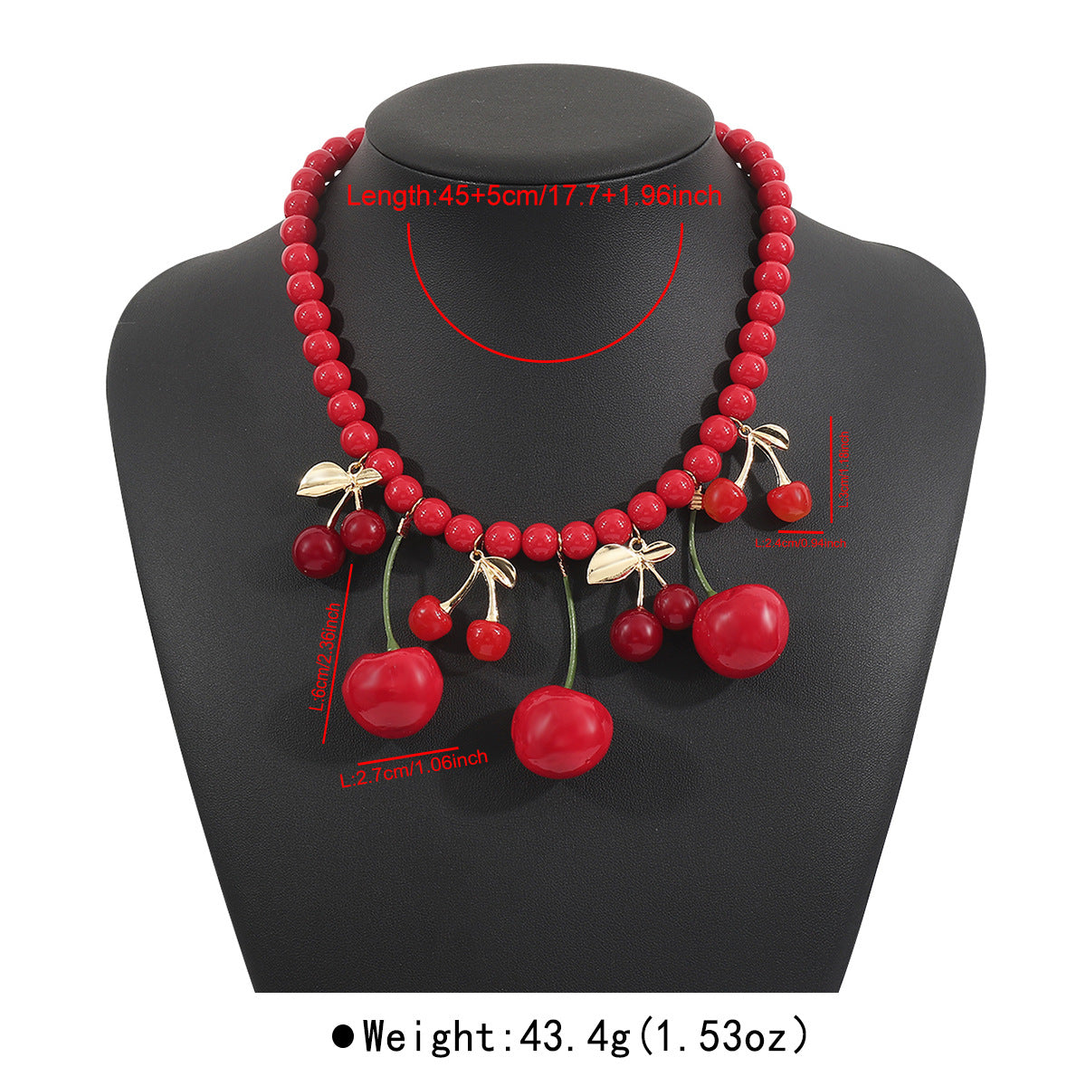 Dulce y fresco collar con colgante de cereza y cadena de cuentas para mujer