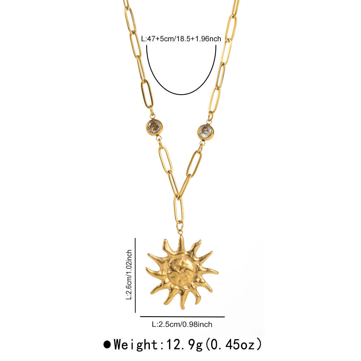 Collar con Colgante de Sol Retro Minimalista para Mujer de Acero Inoxidable con Circonitas y Baño de Oro de 14K