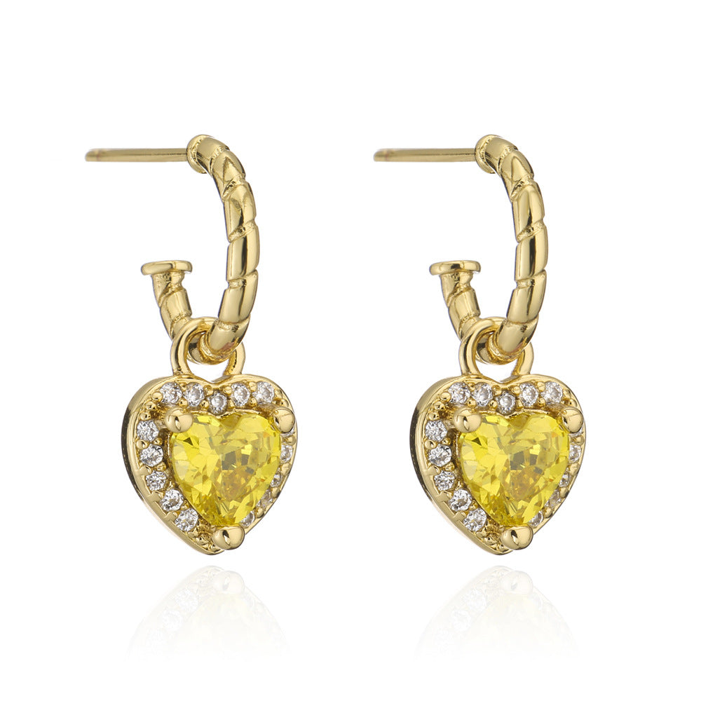 Geometric Heart-Shaped Copper Earrings with 18K Gold Plating and Four-Color Cubic Zirconia for Women