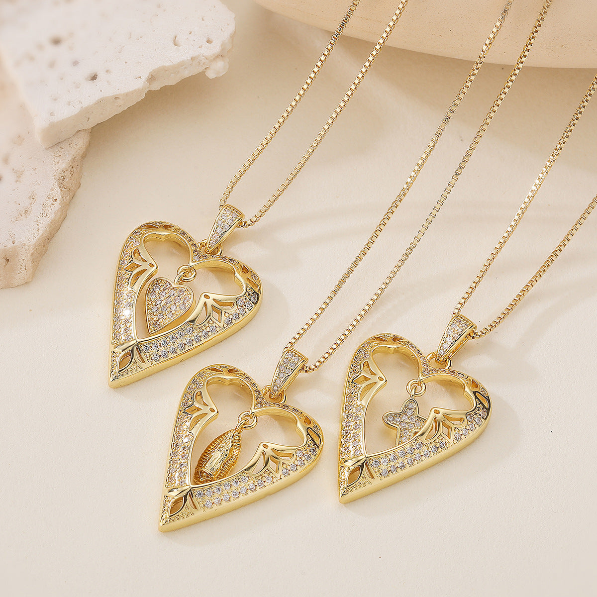 Minimalist 18K Gold Plated Brass Cross Heart Pendant Necklace with Cubic Zirconia for Women