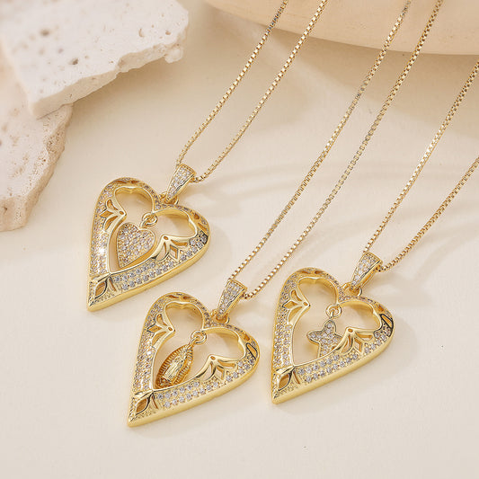 Minimalist 18K Gold Plated Brass Cross Heart Pendant Necklace with Cubic Zirconia for Women