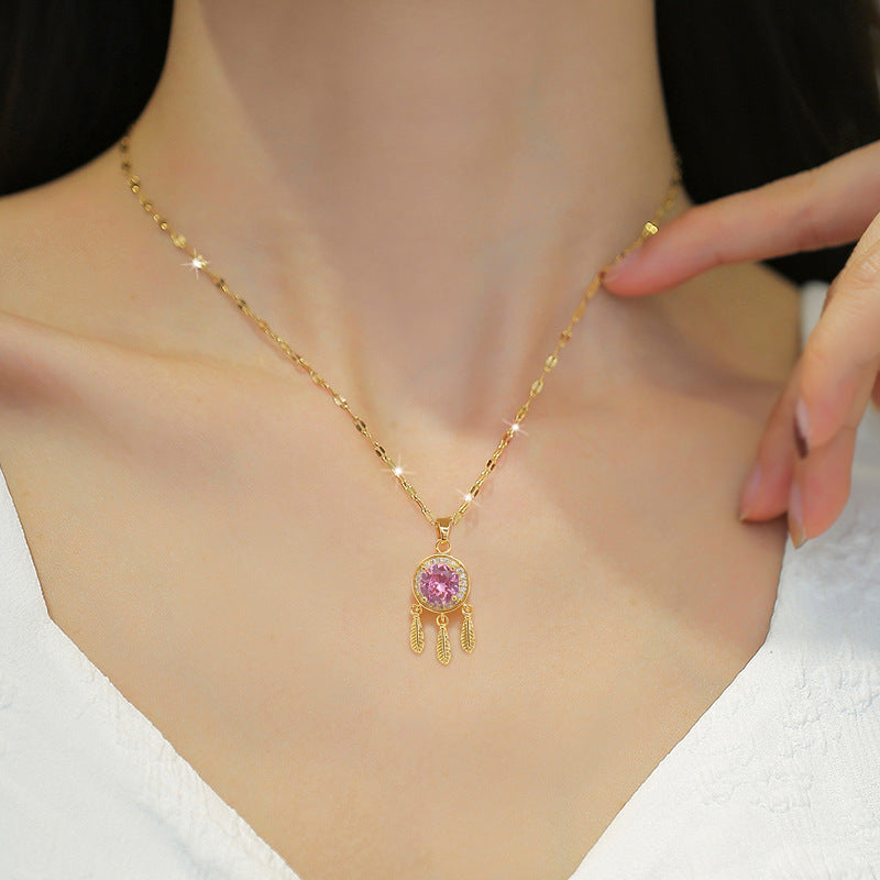 Luxury Titanium Steel Geometric Pendant Necklace and Earrings Set with Rhinestone Inlay for Women Formal Events