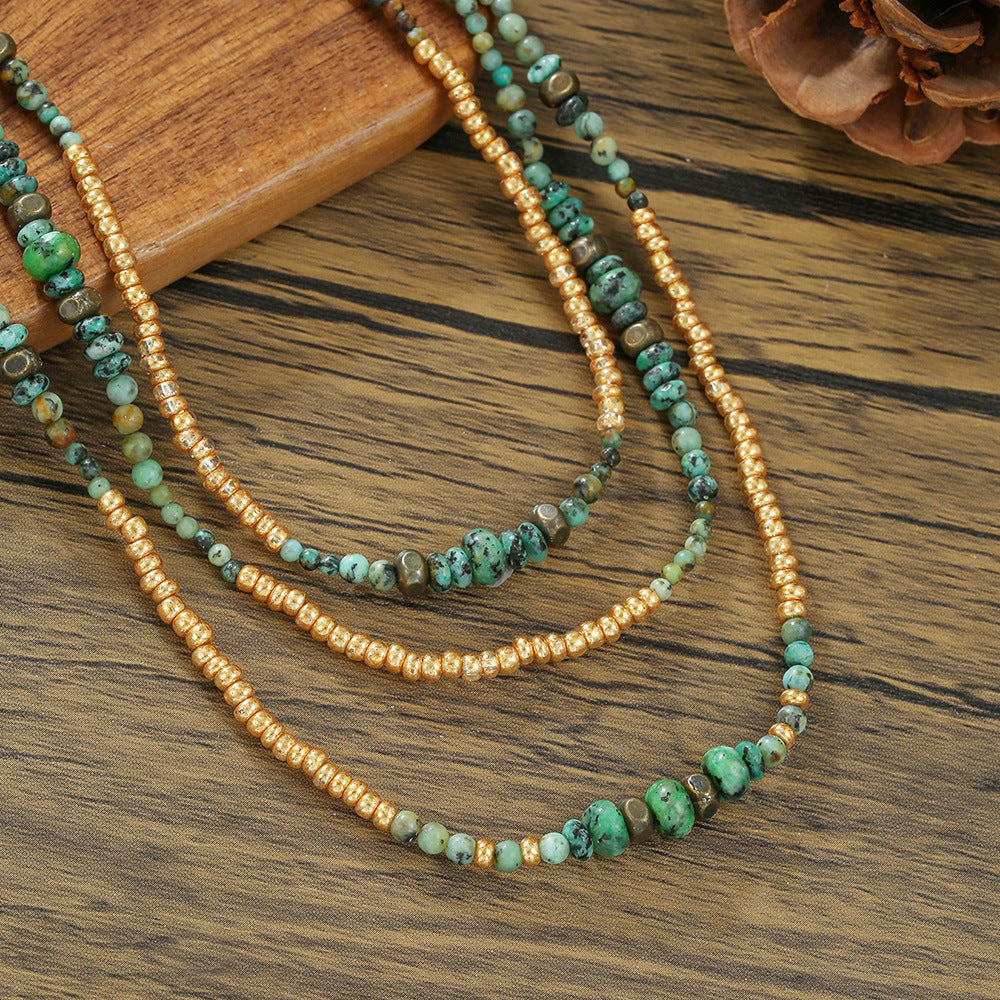 Unique Handmade Geometric Round Seed Bead and Turquoise Cable Chain Necklace for Unisex
