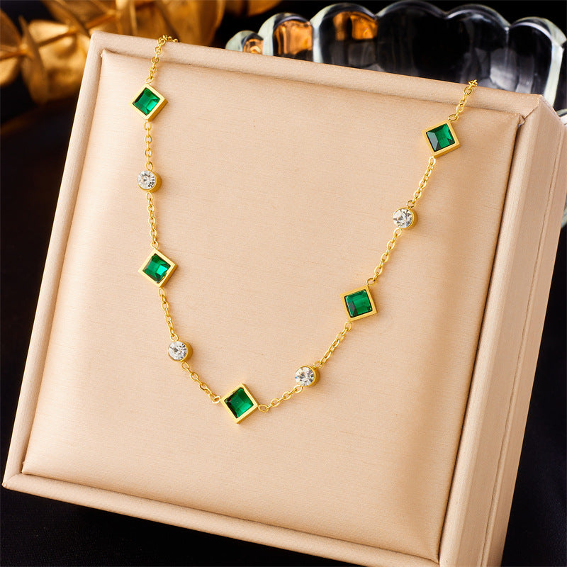 Minimalist Elegant Square Rhinestone Plated Stainless Steel Necklace and Bracelet Set for Women