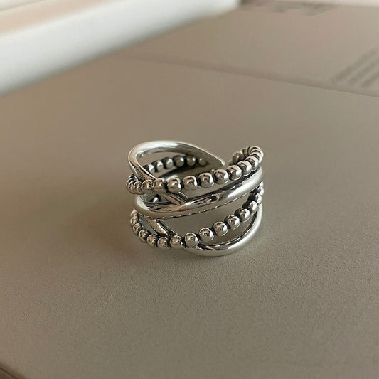 Anillo doble minimalista vintage de plata de ley 925 con acabado envejecido para mujer