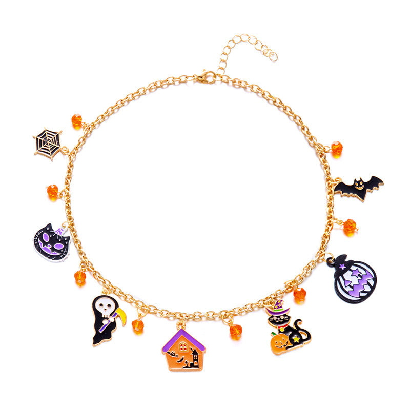 Collana girocollo con ciondolo gatto gotico e zucca scuri per Halloween, in lega placcata, gioielli unisex per costume