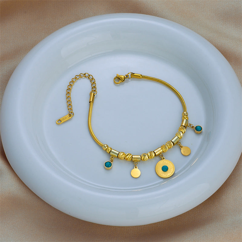 Pulsera geométrica de lujo minimalista vintage de acero de titanio con colgante redondo de turquesa para mujer, diseño inspirado hecho a mano para uso elegante en la oficina