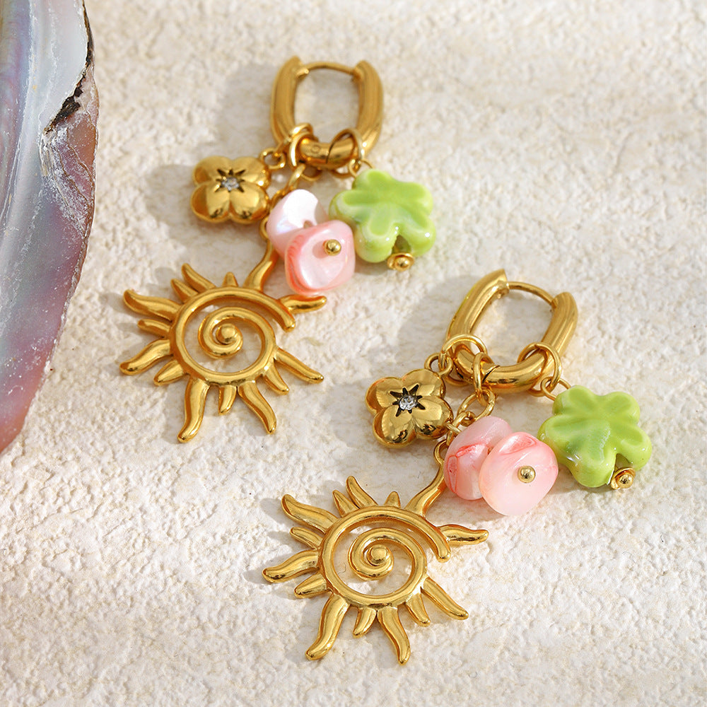 Vintage Luxury 18K Gold Plated Stainless Steel Geometric Flower Sun Tassel Earrings for Women
