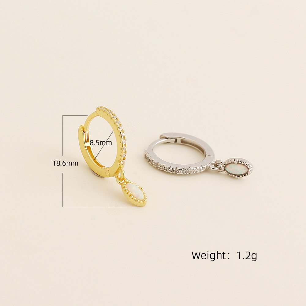 Pendientes de aro geométricos minimalistas de plata de ley S925 con circonitas cúbicas e incrustaciones de ópalo para mujer