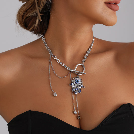 Luxury Elegant Hollow Palm Evil Eye Tassel Crystal Alloy Necklace for Women