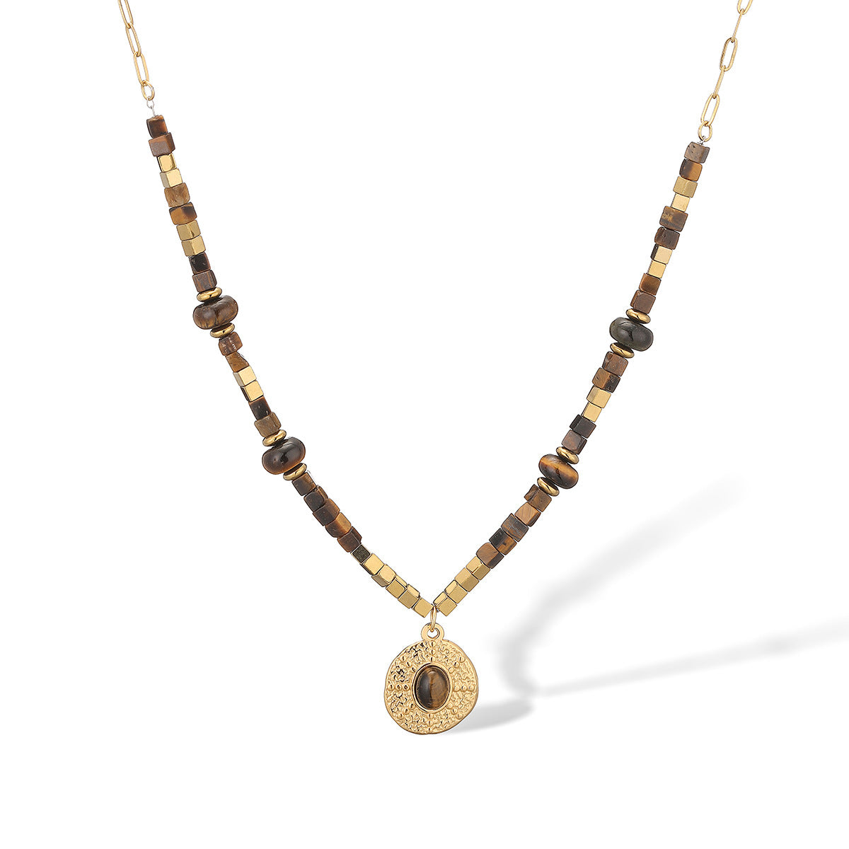Collana Pendente Minimalista a Occhio di Tigre Geometrico in Acciaio Inossidabile con Ciondolo a Cuore da Donna