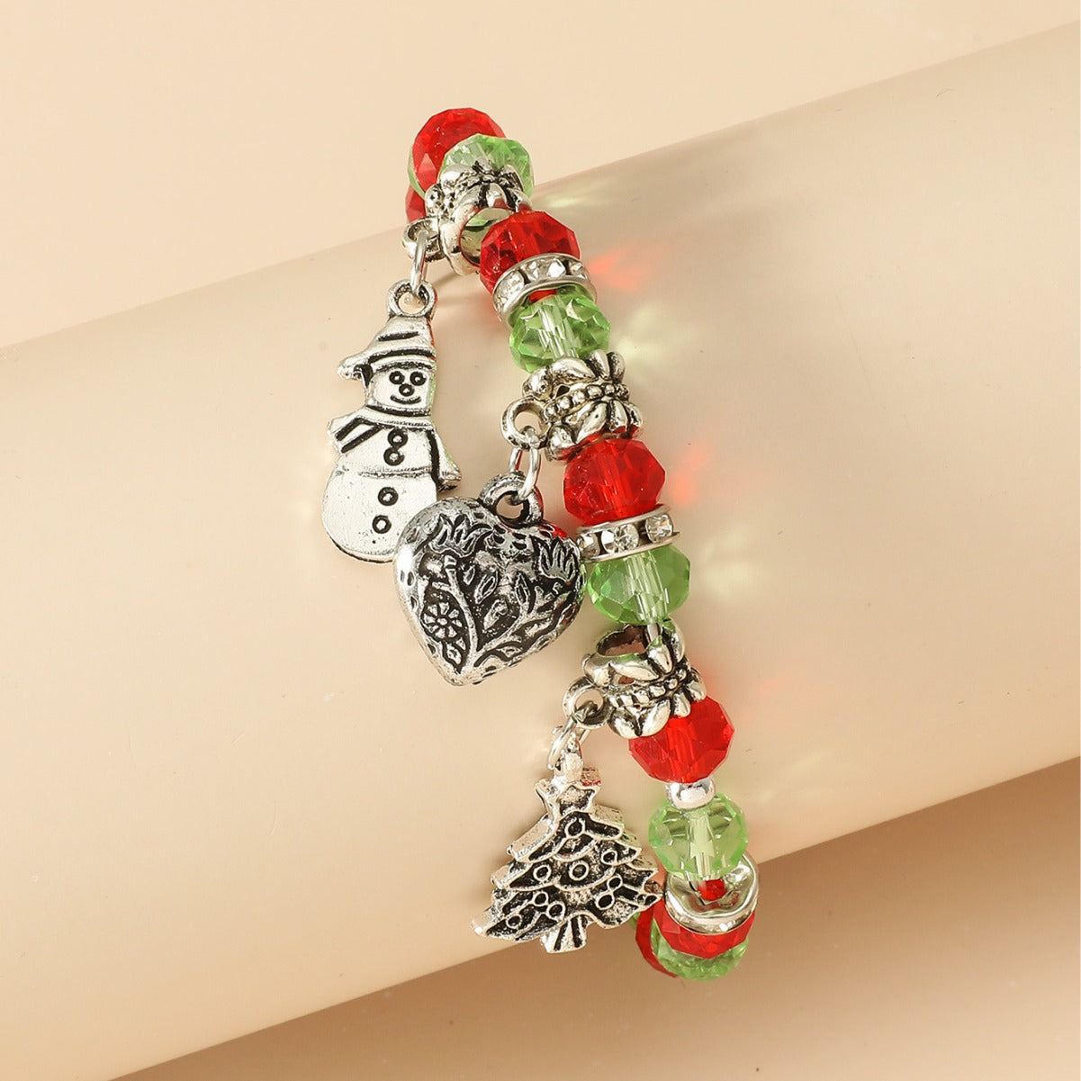 Braccialetto INS con ciondoli a forma di albero di Natale, pupazzo di neve e cuore per donna, con perline in lega e design festivo