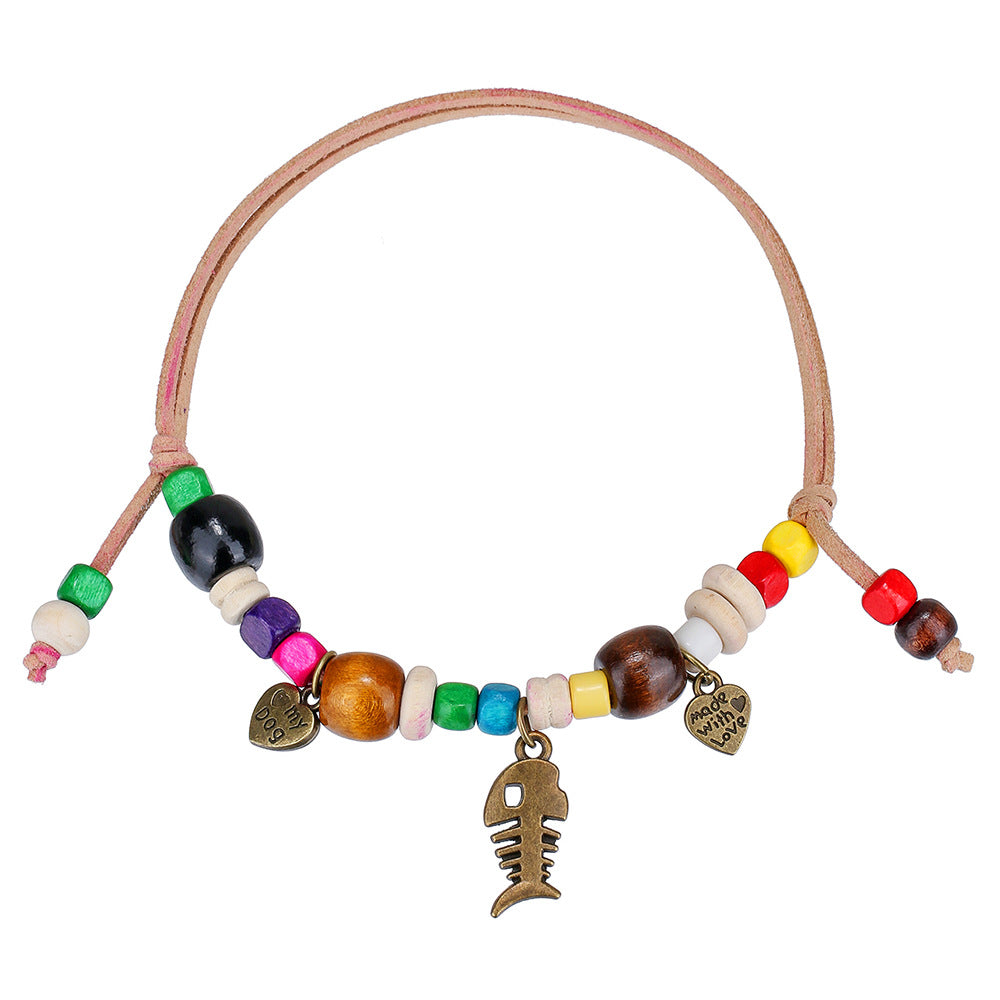 Handmade Natural Wood Bead Pet Necklace with Adjustable Double Layer Rope Chain for Dogs Cats and Animals in Heart Shape
