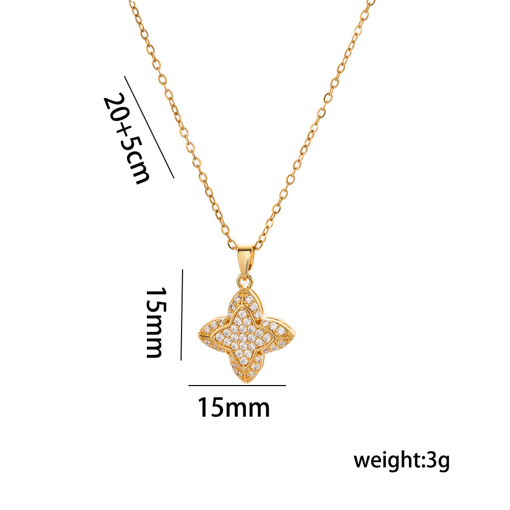 Collar con Colgante de Lujo Minimalista de Trébol de Cuatro Hojas para Mujer, de Acero de Titanio con Baño de Oro e Incrustaciones de Diamantes de Imitación
