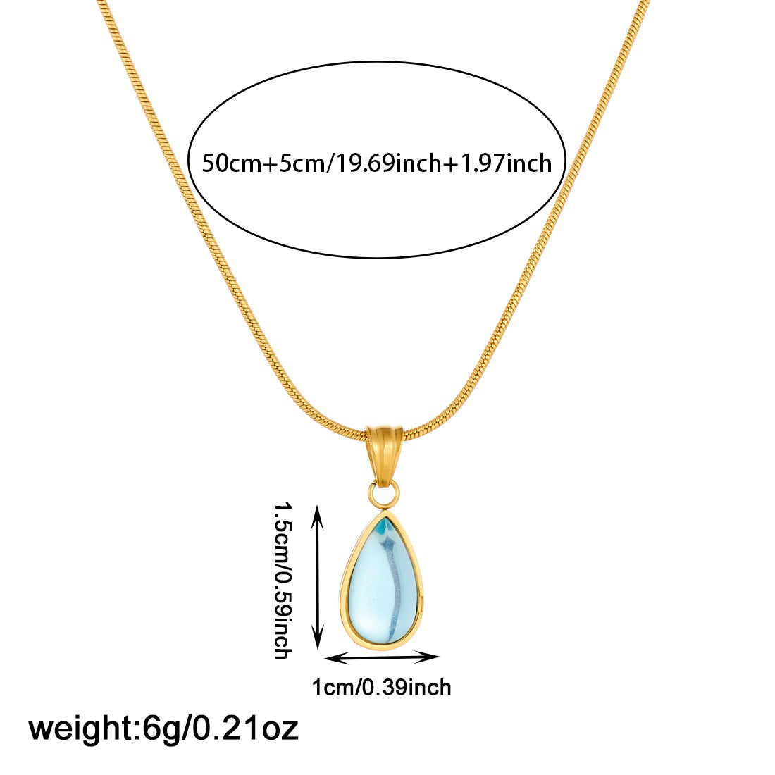 Blue Ocean Heart Teardrop Gold Plated Stainless Steel Necklace with Snake Chain for Women