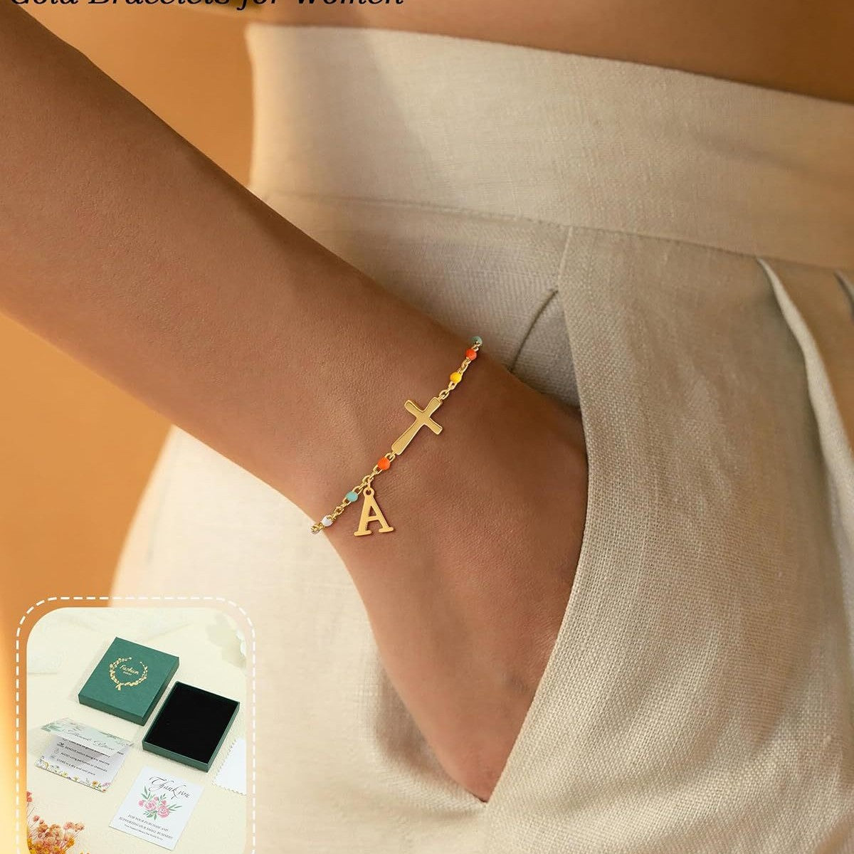 Colorful Drip Oil Plated Stainless Steel Letter Cross Bracelet for Women