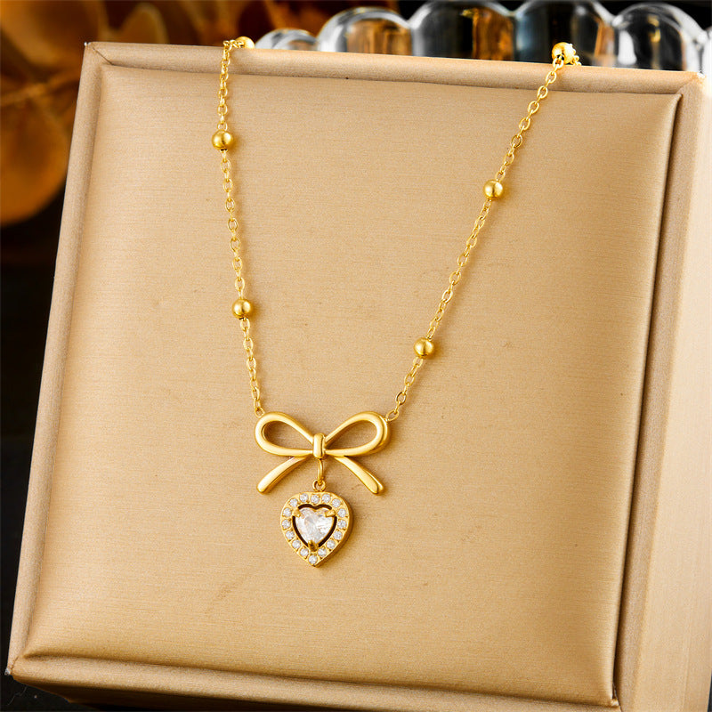 Luxury Office Chic Stainless Steel Rhinestone Heart and Bow Pendant Necklace Box Chain