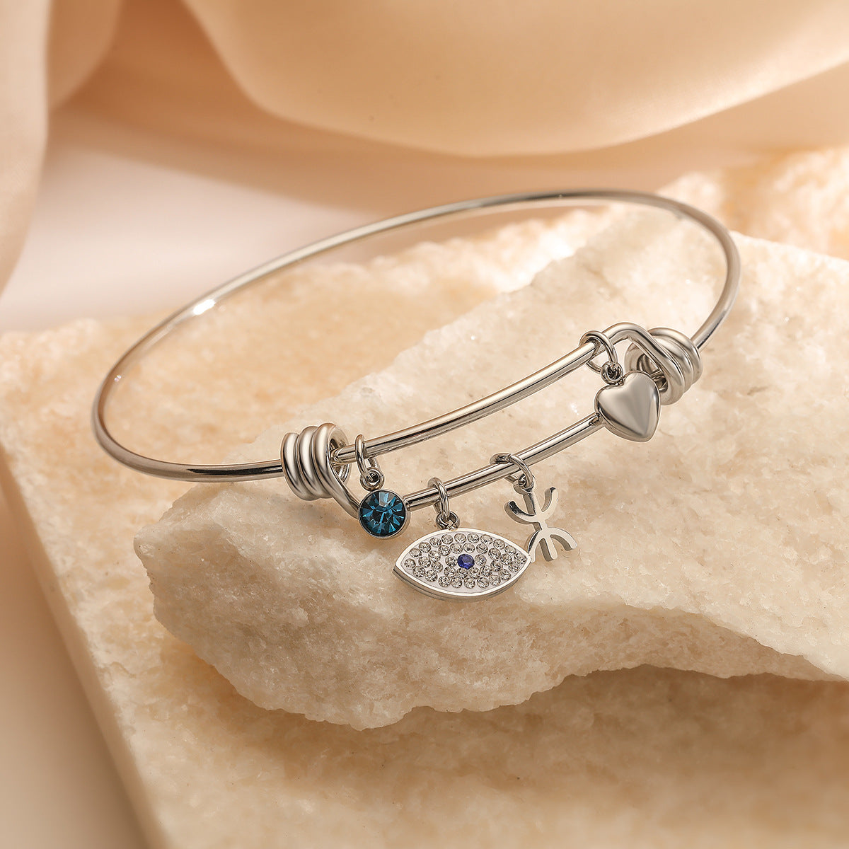 Bracciale con Pendente Occhio di Allah Geometrico Minimalista da Donna in Rame Placcato con Zirconi