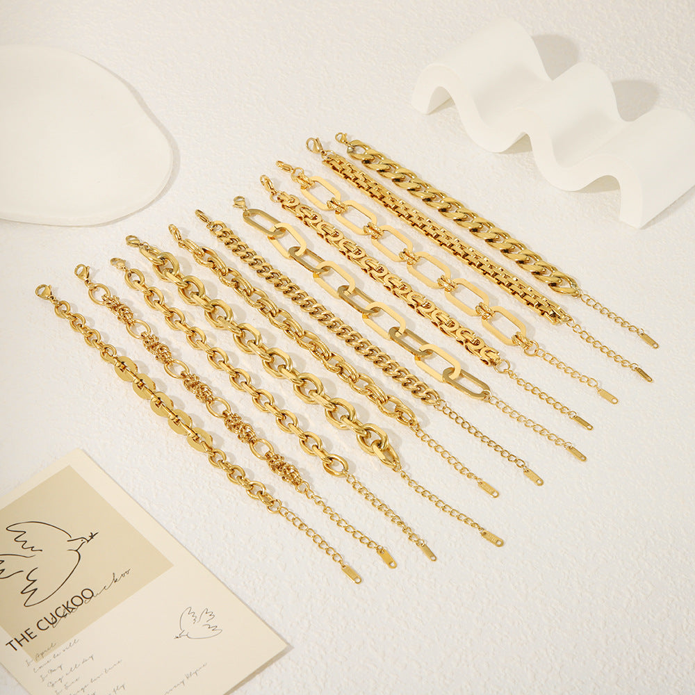 Punk Style Geometric Stainless Steel Bracelet with Thick Chain Design and 24K Gold Plated Finish