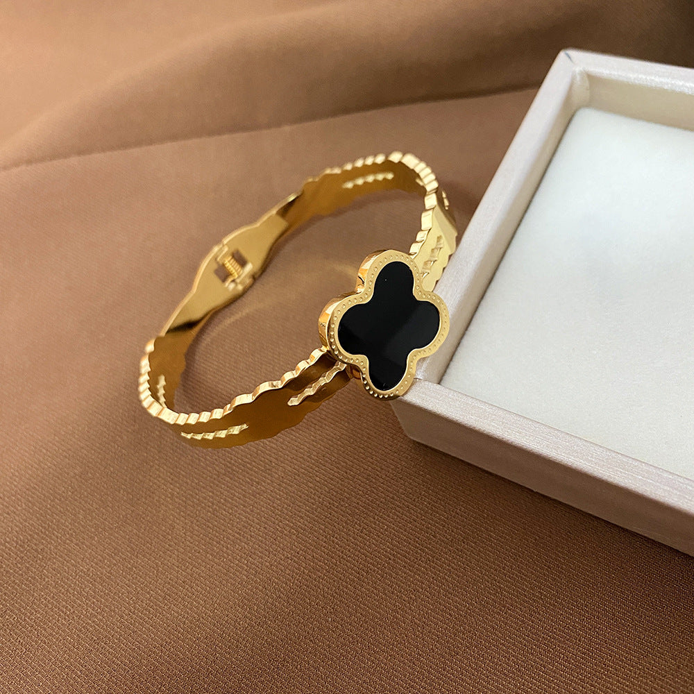 Minimalist Four-Leaf Clover Titanium Steel Bracelet for Women with Plated Finish and Geometric Design