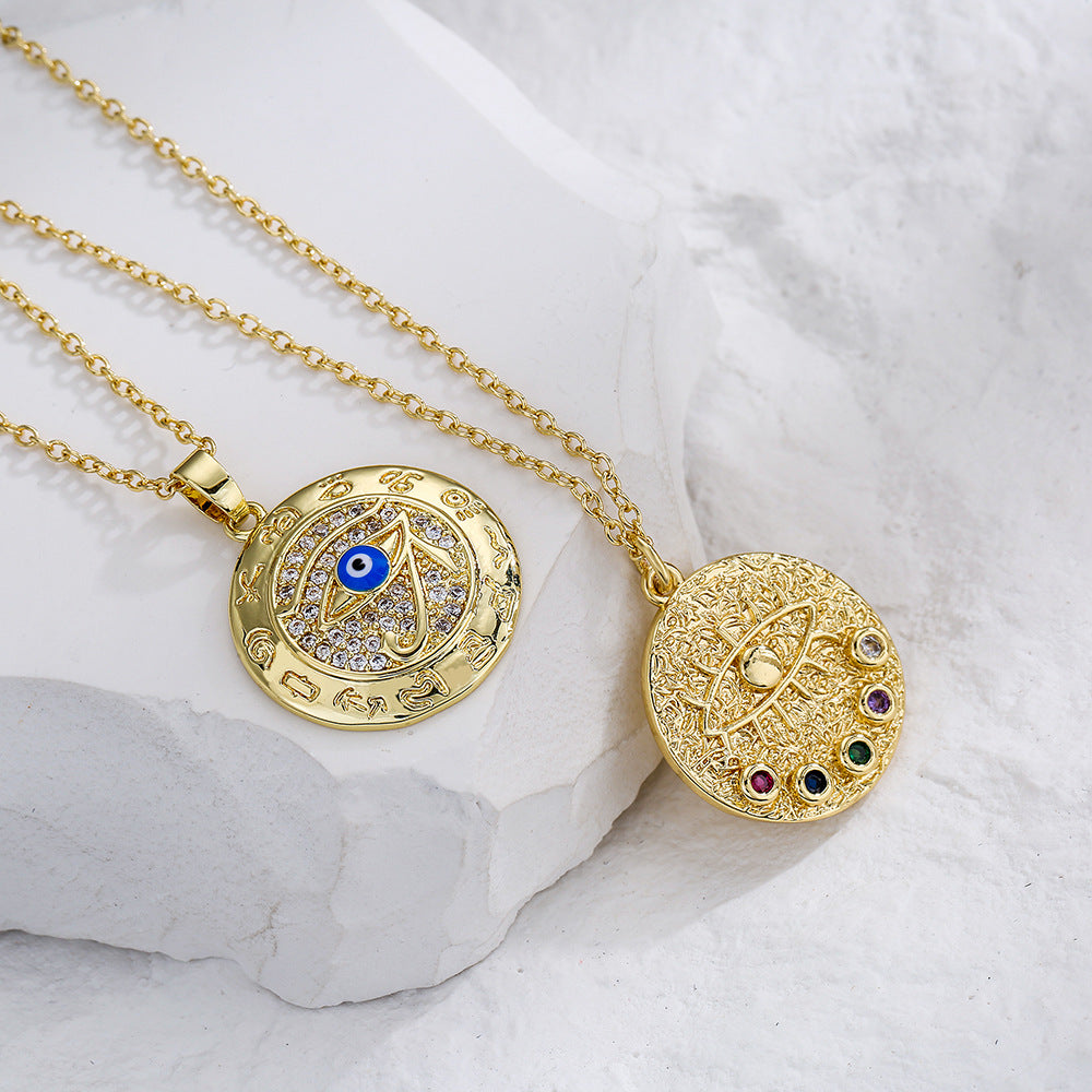 Vintage Evil Eye Pendant Necklace for Women with Copper Base Plated in 18K Gold and Enamel Finish Geometric Design