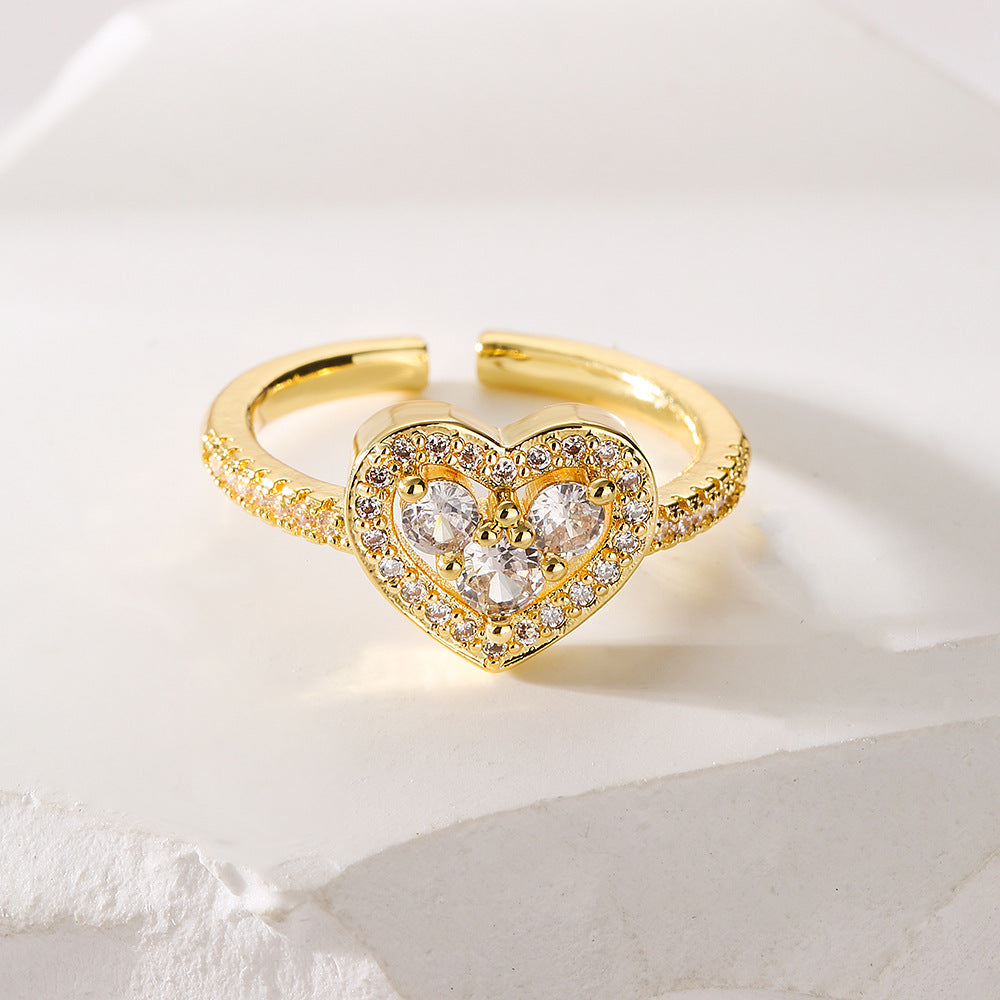 Elegante Anello Aperto da Donna Geometrico in Stile Francese Realizzato in Ottone con Placcatura in Vero Oro e Zirconi Micro-Incastonati