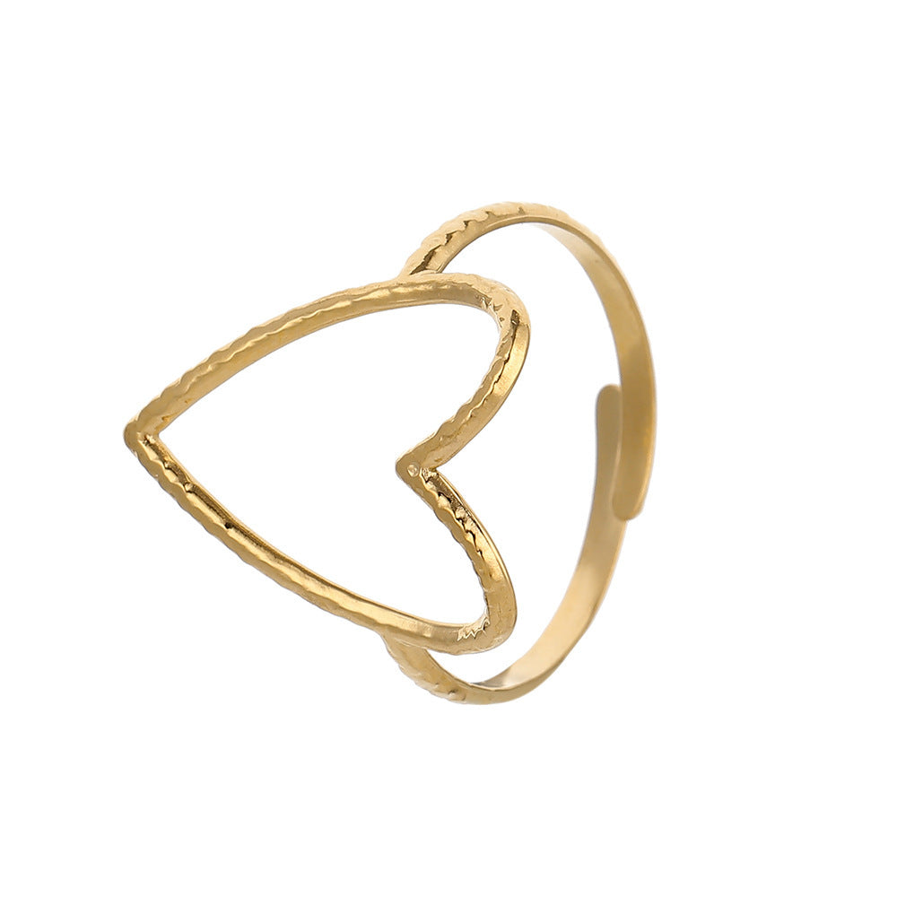Anello da donna a cuore aperto, in acciaio al titanio, con finitura placcata e design minimalista traforato