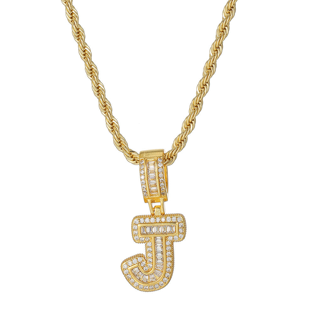Personalized 18K Gold Plated Brass Cubic Zirconia Letter Pendant Necklace with Stainless Steel Rope Chain