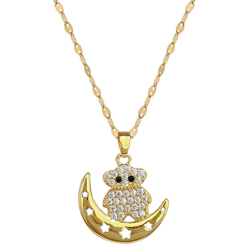 Collana Minimalista con Ciondolo Orso Luna per Donne e Uomini in Acciaio Inox con Catena a Serpente, Design Geometrico e Accenti di Strass