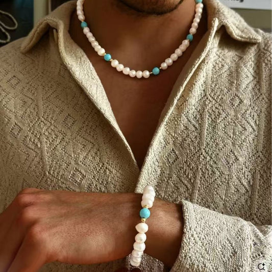 Geometric Round Imitation Pearl Turquoise Necklace Set