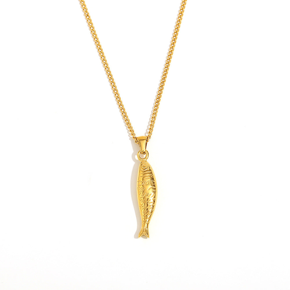 Collana con ciondolo a forma di salmone minimalista di tendenza per donna, in acciaio inossidabile con placcatura in oro 18 carati, design animale, per uso quotidiano