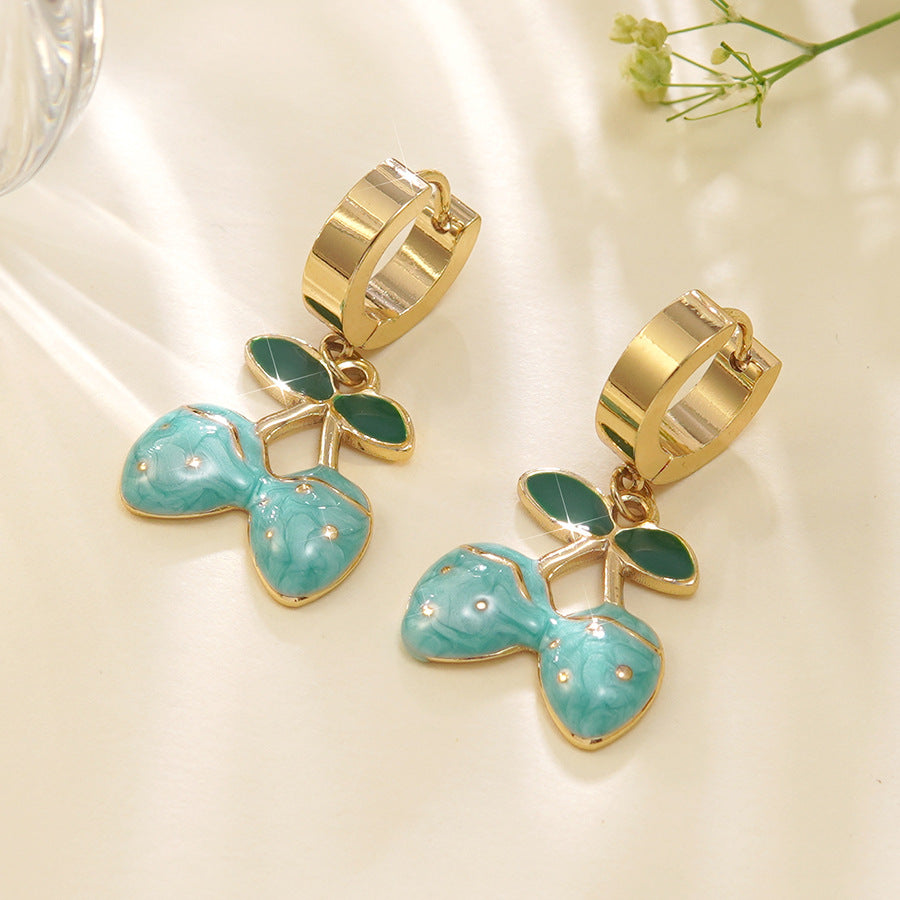 Sweet Stainless Steel Drip Oil Plated Cherry Hoop Earrings for Women