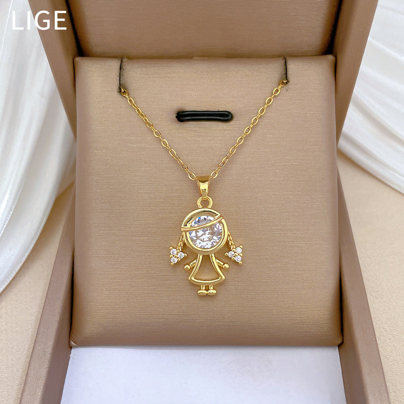 Luxury Titanium Steel Geometric Moon Pendant Necklace for Women with Rhinestone Inlay, Adjustable Titanium Steel Chain, Elegant Clavicle Jewelry