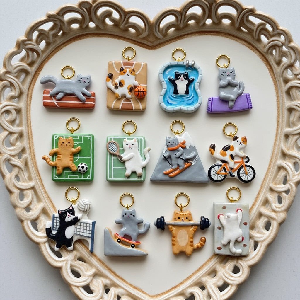Vintage 18K Gold Plated PVD Stainless Steel Animal Skiing Cat Charm Bar