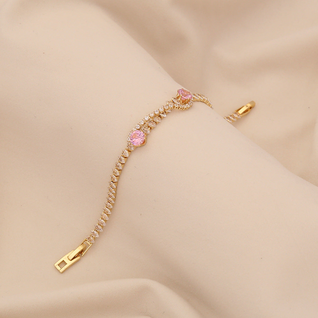 Cute Floral Design Plated Copper Bracelet for Women with Zirconia Stones Minimalist Elegant Hand Jewelry