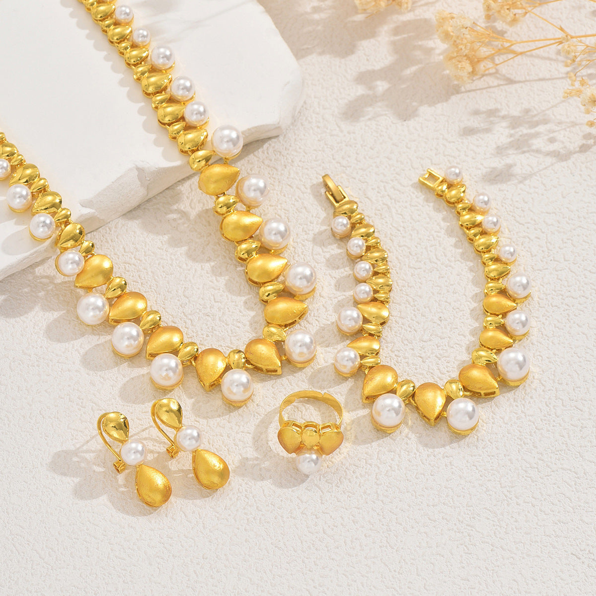 Minimalist Geometric Pearl Pendant Necklace Set with Earrings and Ring for Women Zinc Alloy Luxury Jewelry
