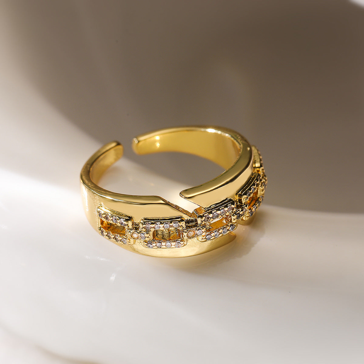 Minimalist Irregular Geometric Copper Ring with Real Gold Plating and Zircon Inlay for Women