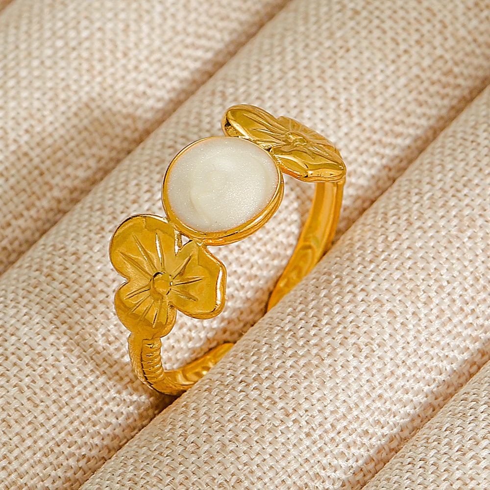 Vintage INS Style Stainless Steel Adjustable Ring with Natural Stone Inlay in Geometric Heart Zodiac and Animal Shapes