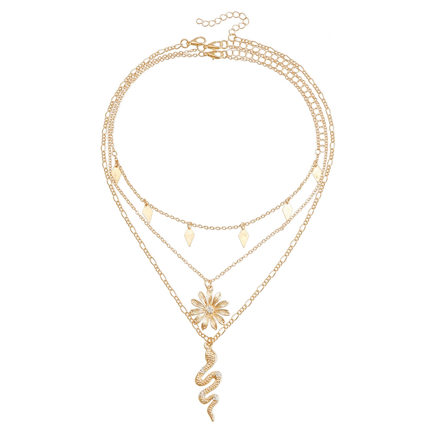 Collana girocollo con pendente a serpente, motivo a rombi e girasole bohémien, in lega con finitura placcata