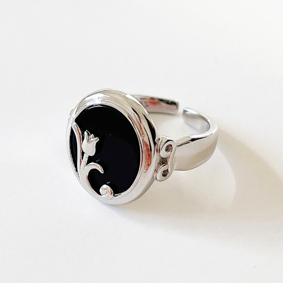 Sweet 925 Sterling Silver Adjustable Black Agate Flower Ring for Women