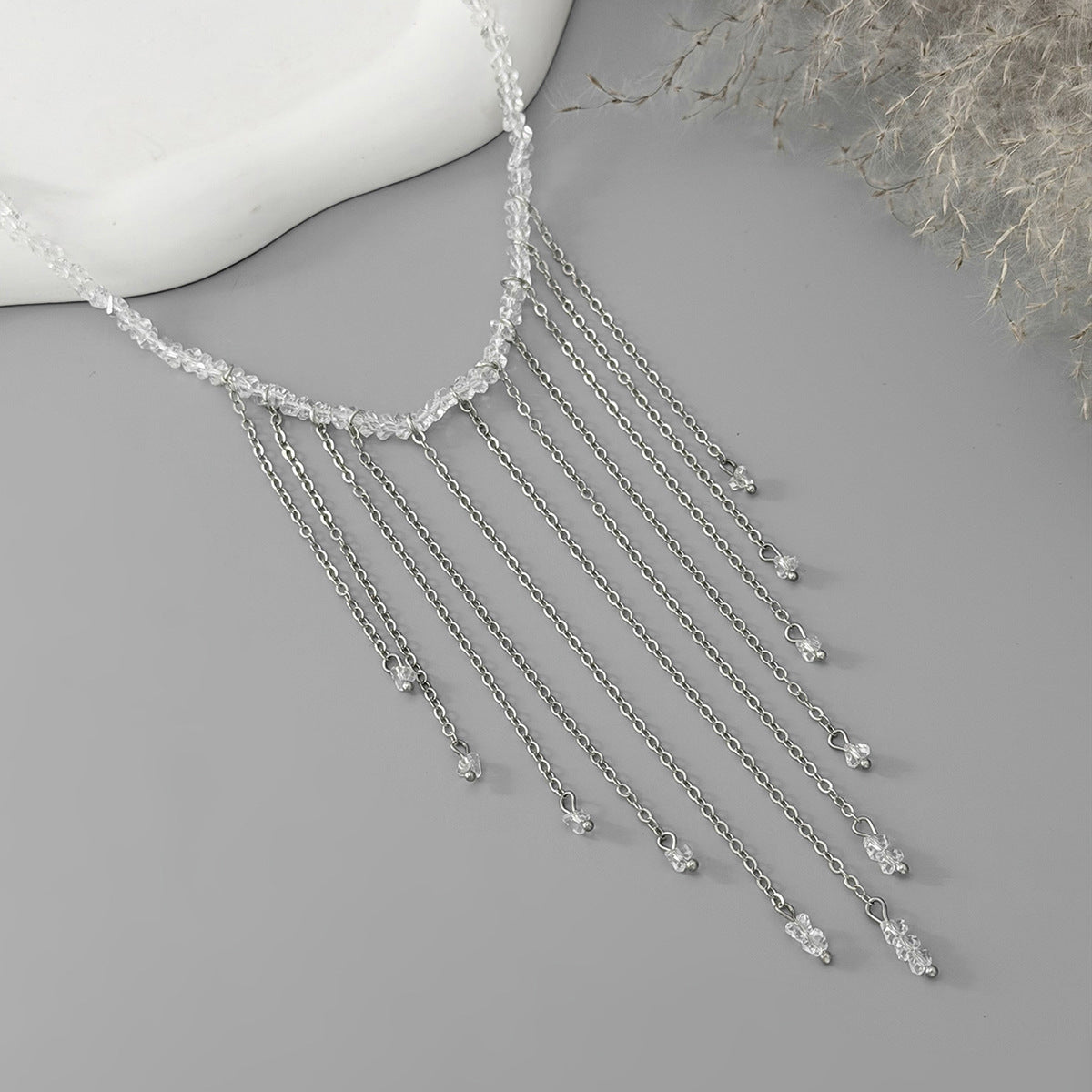 Minimalist Geometric Triangle Crystal Beaded Necklace with Iron Pendant and Tassel for Women Men
