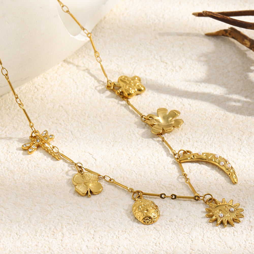Elegant Luxury 18K Gold Plated Stainless Steel Moon Floral Pendant Necklace for Women