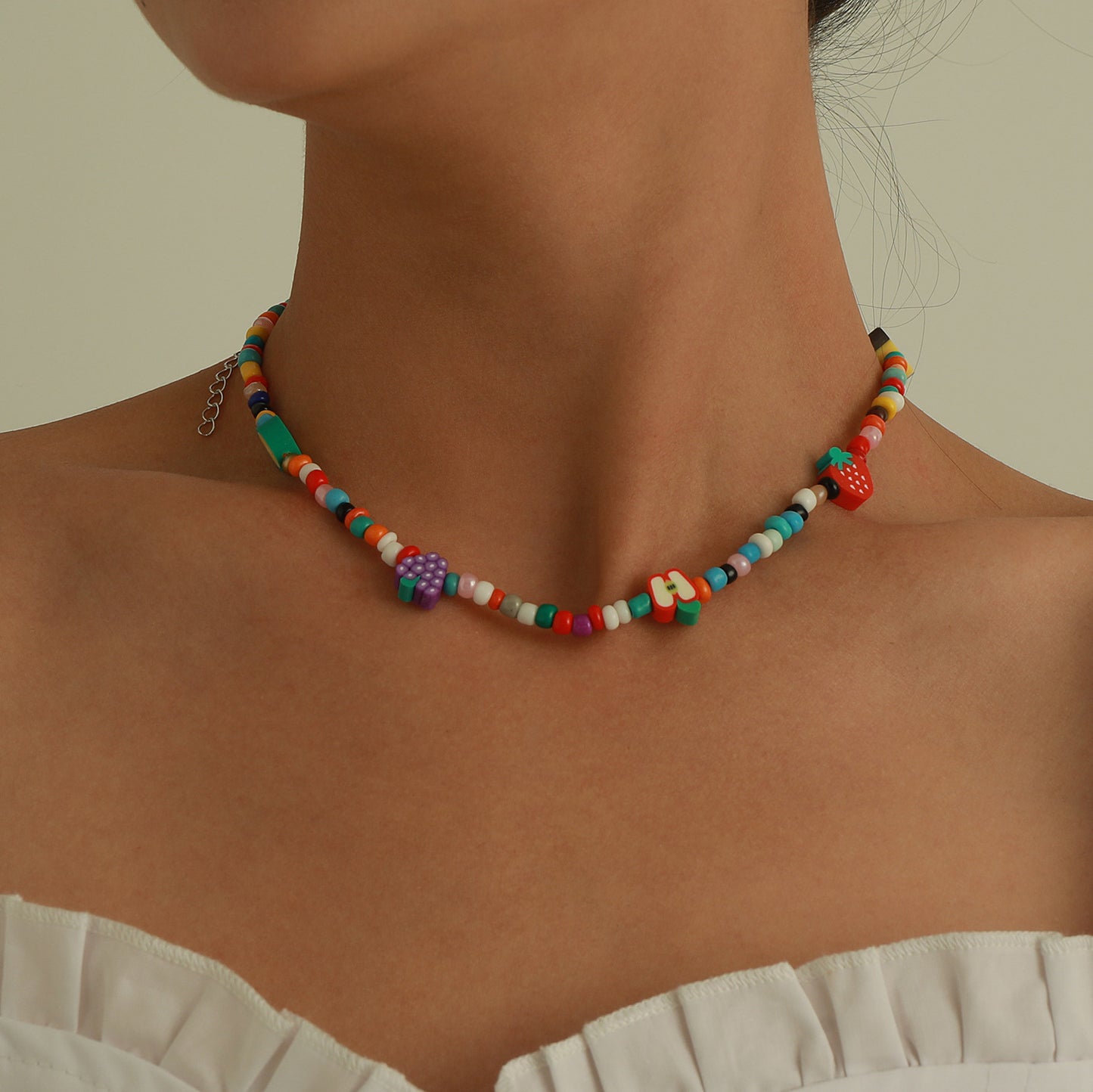 Sweet Fresh Fruit-Shaped Beaded Necklace and Bracelet Set for Women with Nylon Cord Chain