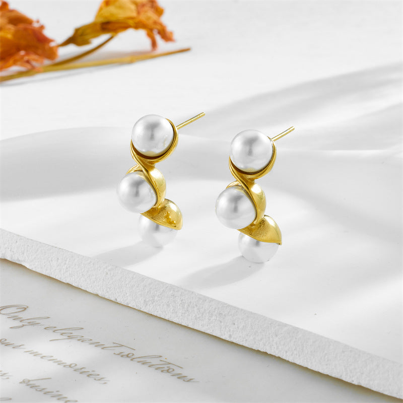 Minimalist Geometric Pearl Earrings in Stainless Steel with Plated Finish for Women