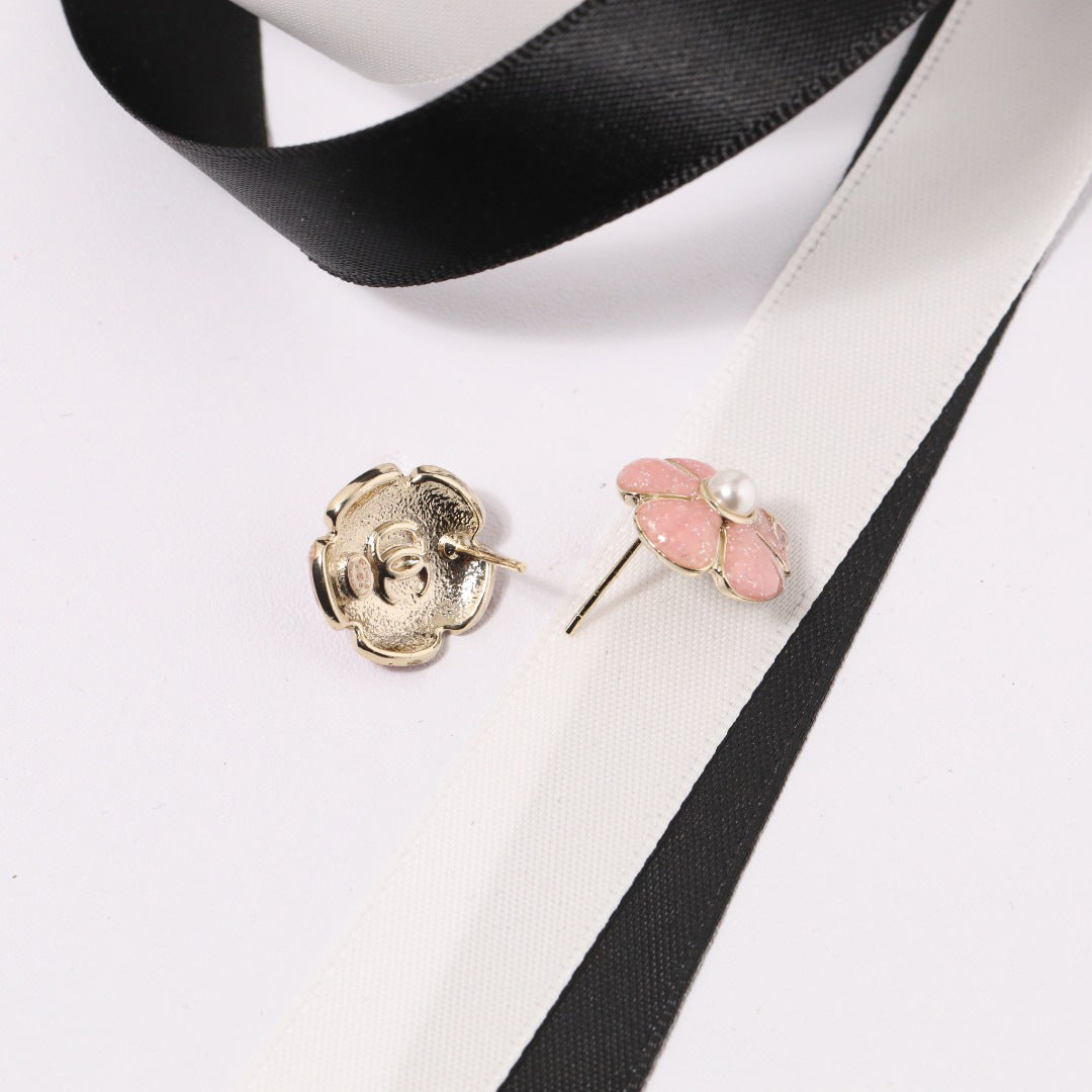 Vintage Elegant Gold Plated Brass Enamel Camellia Flower Earrings with 925 Sterling Silver Posts