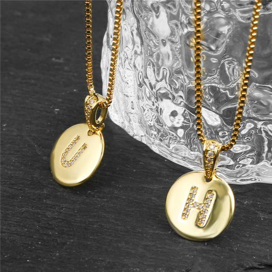 Vintage Sweet Geometric Letter Brass Inlay Cubic Zirconia Necklace Box Chain for Women