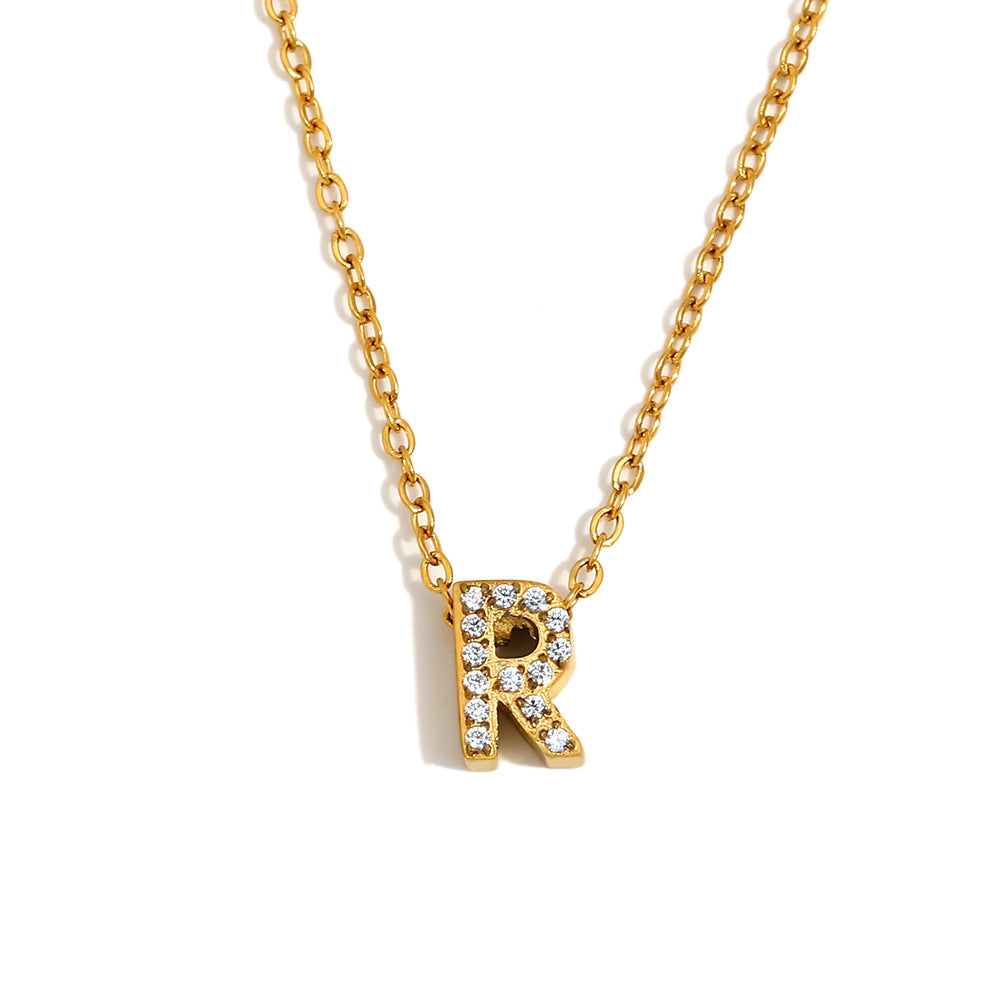 Minimalist Fashion Letter Pendant Necklace for Women Stainless Steel with 18K Gold Plating and Rhinestone Inlay