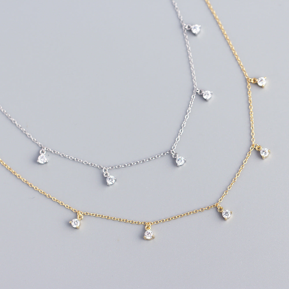 Minimalist Geometric Multi-Pendant S925 Sterling Silver Collar Necklace with Rhinestone Inlay for Women