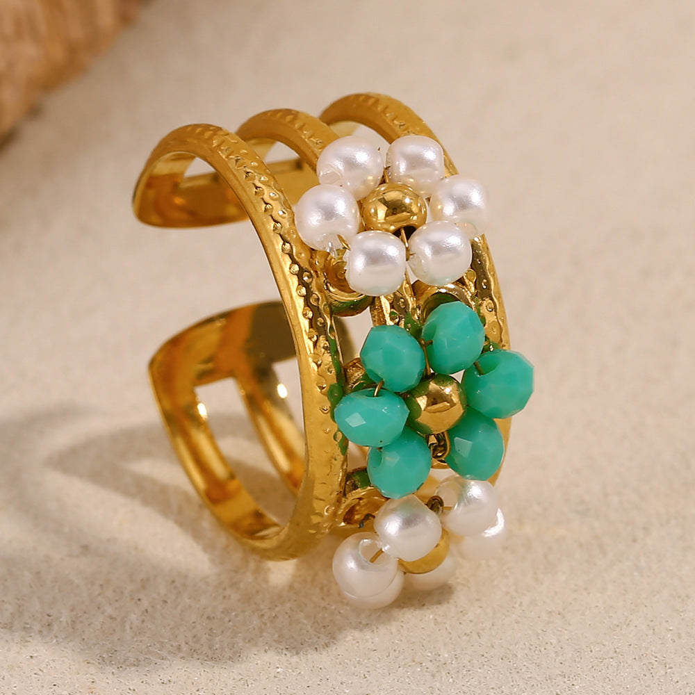 Bohemian Style Floral Geometric Stainless Steel Plated 18K Gold Adjustable Beaded Ring for Women